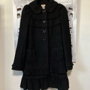 Anthropologie Elevenses Here There Everywhere Black Wool Ruffle Long Pea Coat